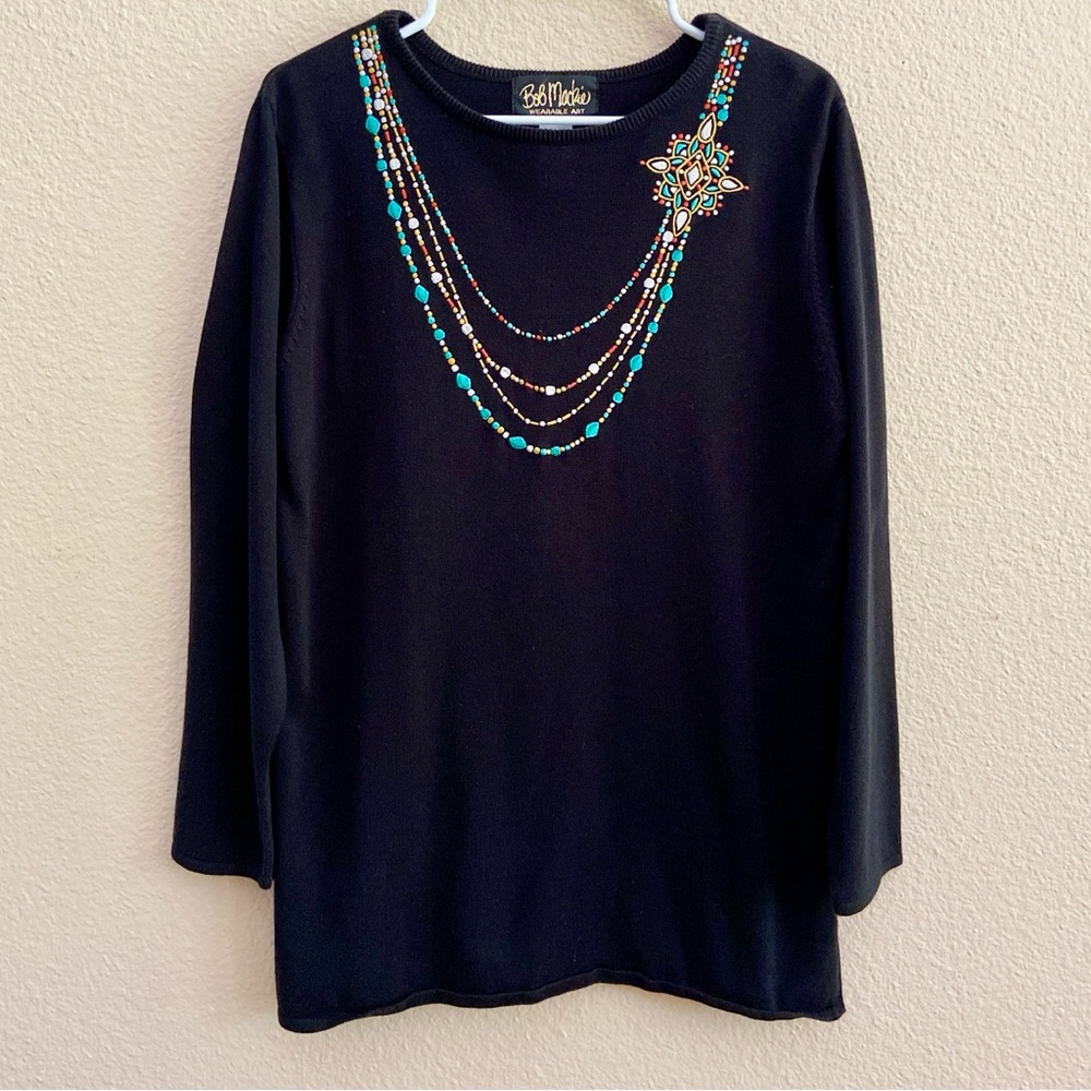 Sweater - Pullover - Bob Mackie - Wearable Art - Embroidered Necklace - Vintage